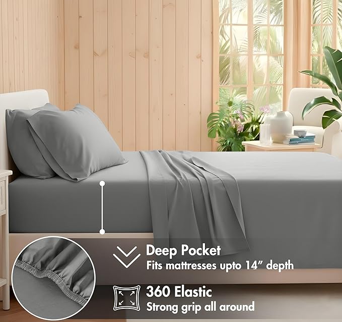 RUVANTI 100% Cotton Sheets – California King Percale Bedding, Cooling & Breathable, Durable with a Crisp, Soft & Comfortable Feel, 14" Deep Pocket, 4-Piece Set, Mist Grey