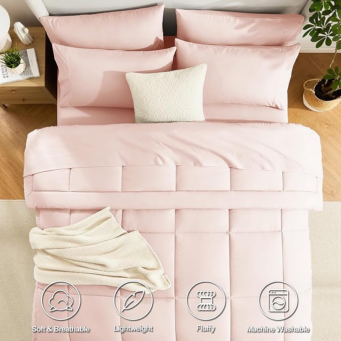 CozyLux Oversized Queen Comforter Sets Blush Pink, 7 Pieces Bed in a Bag, Ultra-Soft All Season Bedding Sets with Stitch Quilted Comforter, Flat Sheet, Fitted Sheet, Pillowcases