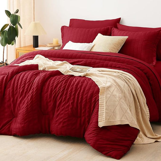 CozyLux Full Size Comforter Sets with Sheets 7 Pieces, Dark Red Seersucker Bed in a Bag Textured Luxury Soft Bedding Set with Down Alternative Comforter, Sheets, Pillowcases & Shams for All Season