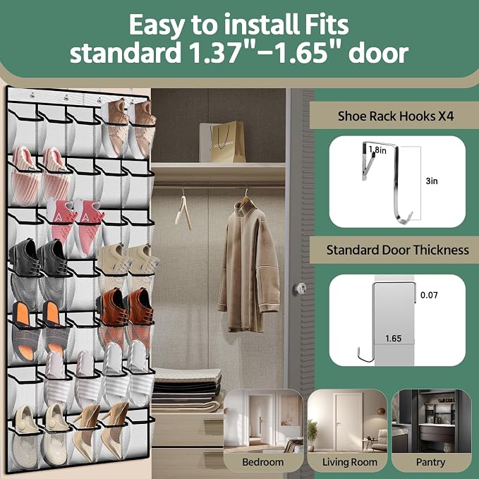 PAULONE 35 Pocket Over the Door Shoe Organizer,Reusable Breathable Large Mesh Bag Men's & Women's Sneaker Organizer,Shoe Organizer for Kids,Hanging Shoe Storage Hanging Bag (2PCS-White) - Image 4