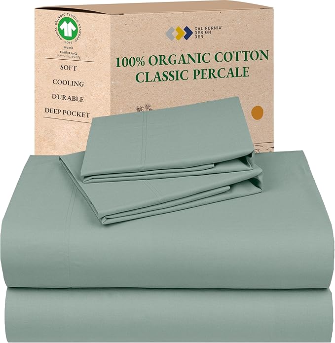 California Design Den Cal King Sheet Set - Soft 100% Organic Cotton, Crisp and Cool Percale Sheets, Deep Pockets with Anti-Skid Elastic, Breathable and Durable Bedding Set - Sage Green