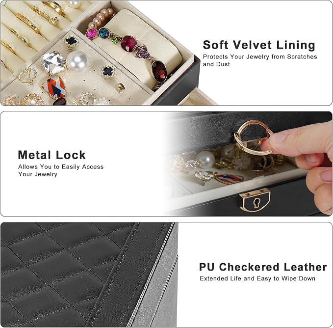 3-Layer Jewelry Box for Women, Jewelry Organizers and Storage with Removable Jewelry Tray, Vintage Quilted Top Lockable Jewelry Holder Gift Idea Black - Image 4