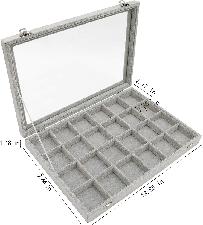 Stratalife Velvet Jewelry Organizer 24 Grid Jewelry Tray with Clear Glass Lid Display Showcase Storage Organizer Box for Earring Necklace Rings Dice Gray (24 Grids) - Image 6