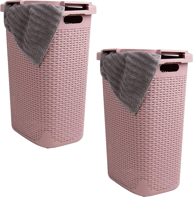 Mind Reader Slim Laundry Hamper with Lid, 60L Tall Clothes Basket, Narrow Tapered Design for Bathrooms, Closets and Laundry Rooms, Plastic, 2 Pack, Pink by MindReader