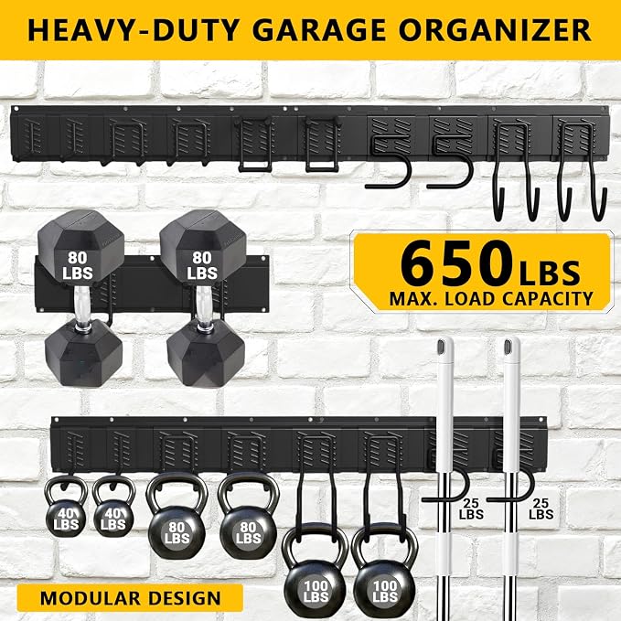 Garage Tool Organizer Wall Mount, Heavy-Duty Garage Storage System and Garden Tool Organizer with Adjustable Hooks for Shovel, Snowboard, Yard Tools and Shed (64"-10hooks) - Image 2