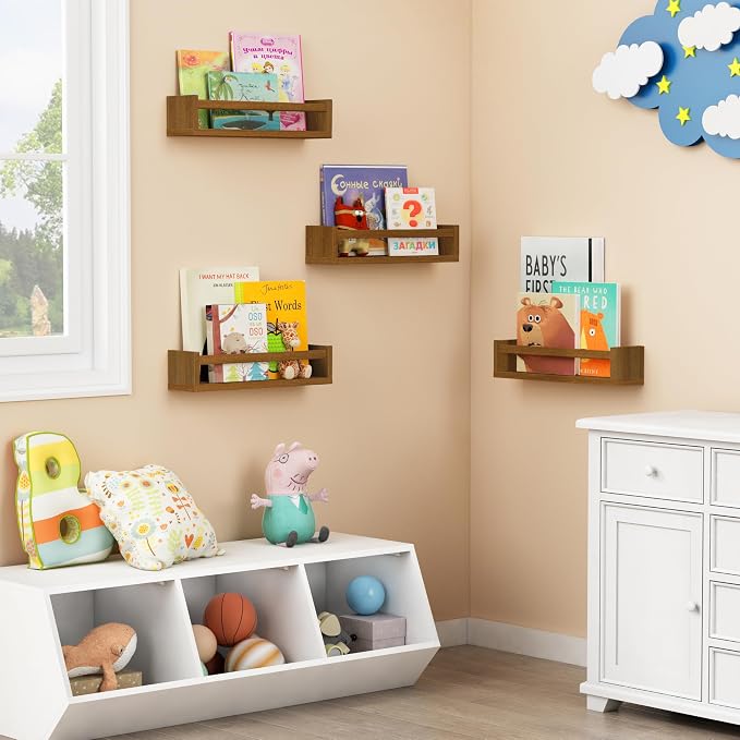 Forbena Walnut Brown Nursery Bookshelf Wall Mounted, Wooden Floating Book Shelves for Wall, Nursery Hanging Bookshelves for Baby Toddlers Kids Room Bedroom (Pine Wood, Walnut Color, 4-Pack) - Image 3
