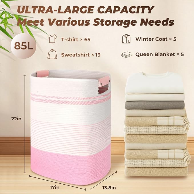 AINUOQI Laundry Basket with Handles - Blanket Basket & Hampers for Bedroom Aesthetic, Laundry Hamper & Blanket Storage for Living Room, Clothes Hamper, Tall, Large 17" x 14" x 22”, Pink & White - Image 2