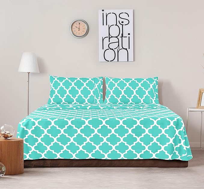 Utopia Bedding Queen Sheet Set, Soft Microfiber 4 Piece Bed Sheets with 15" Deep Pocket - Easy Care Brushed Microfiber (Quatrefoil - Aqua)