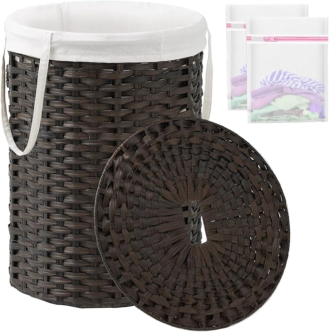 SETVSON Laundry Basket with Lid Round Rattan Laundry Hamper with Lid and Handles 29.1 Gal (110 L) Handwoven Woven Basket with Removable Bags and 2 Mesh Bags for Bathroom Living Room Brown by SETVSON