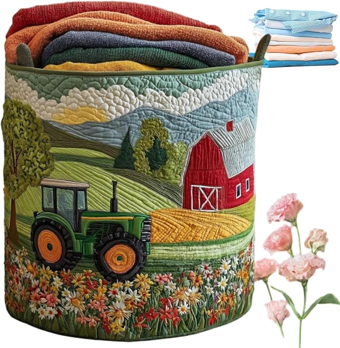 Quilted Laundry Basket with Handles, Boho Floral Fabric Storage Hamper, Large Soft Quilted Laundry Basket for Nursery, Bedroom, Laundry Room,Clothes & Toys (I, L) by qusanii
