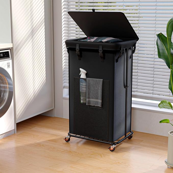 100L Laundry Hamper with Lid, Rolling Laundry Basket with Wheels, Large & Tall Dirty Clothes Hamper with Metal Frame and Removable Bag for Bedroom Aesthetic, Laundry Room, Bathroom, Dorm-Black by OLLDIDE