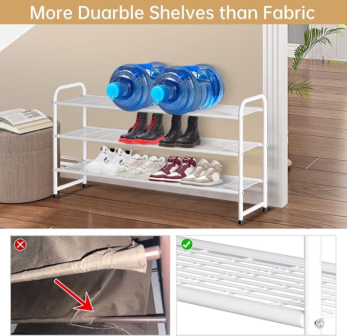 KEETDY 3-Tier Long Shoe Rack for Closet Metal Shoe Organizer for Entryway, Wide Stackable Shoe Storage Shelf with Sturdy Wire Grid for Closet Floor, Bedroom, White - Image 3