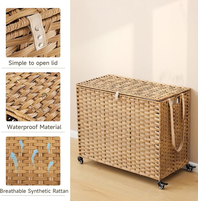 Laundry Hamper with Wheels, 52.8 Gallon(200L) Rolling Laundry Basket with Lid, 3-Section Rattan Clothes Hamper with 3 Removable Liner & 3 Mesh Bags, Laundry Sorter with Side Pocket, Natural - Image 8