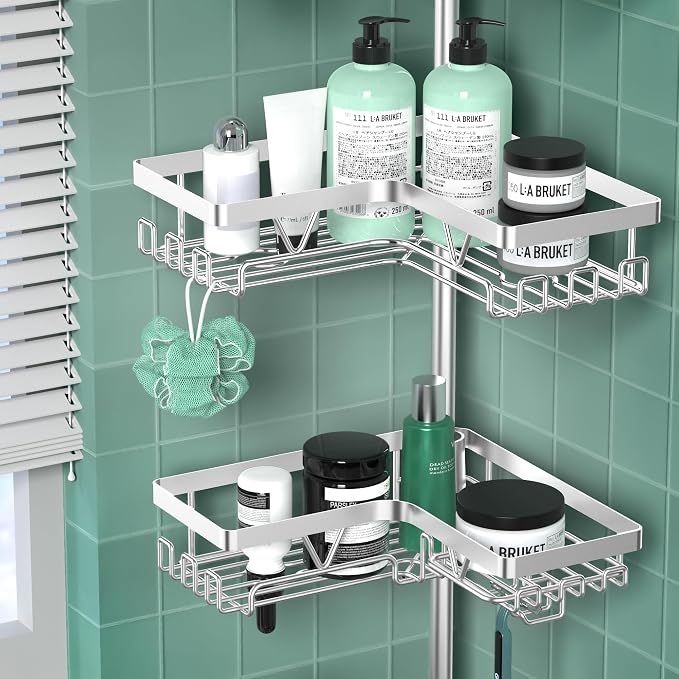 DAOYA Shower Caddy Tension Pole - Corner Shower Shelves with Soap Holder Bathroom Shower Organizer for Tub (Stainless Steel, Silver, Floor to Ceiling 25-114.2 inch) - Image 4