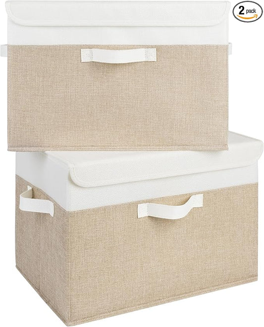 GRANNY SAYS Storage Boxes with Lids, Decorative Storage Bins, Shelf Baskets, Clothes Storage and Organization, White/Khaki, 2-Pack by GRANNYSAYS