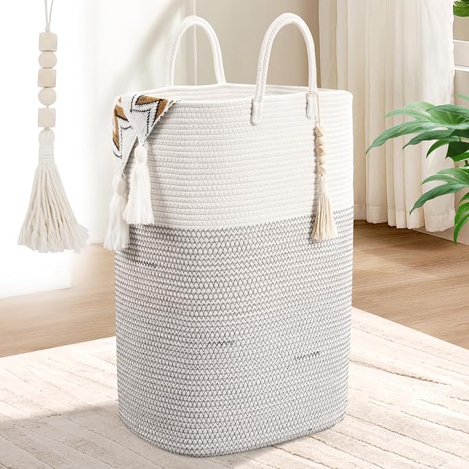 Woven Laundry Basket for Clothes, 50 L Large Rectangle Laundry Hampers with Beads Tassel, Nursery Storage Basket for Toys, Tall Dirty Clothes Hamper for Bedroom Aesthetic, Laundry Room Organization by WENMER