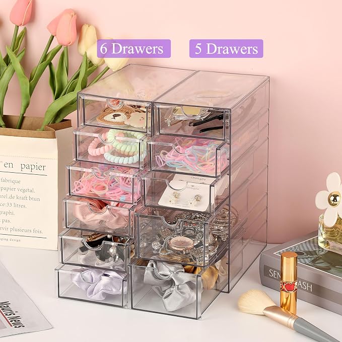 Hipiwe 5-Drawers Plastic Storage Organizer, Clear Hair Accessories Organizer with Large Capacity for Bathroom, Dresser, Cosmetic Hair Tie Container for Girls Women - Image 5