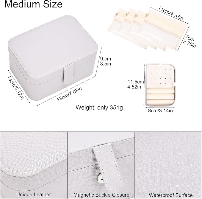 2 Layer Portable Jewelry Box, Large Jewelry Travel Case with 4 Jewelry Pouches, Medium Size Jewelry Organizer Box for Earrings, Necklaces, Bracelets (light gray) - Image 2
