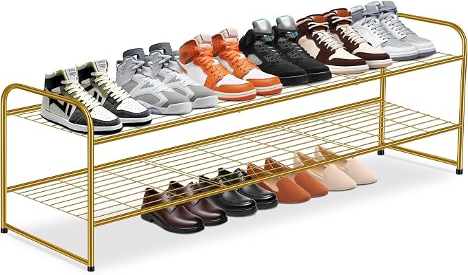 KEETDY 2-Tier Long Shoe Rack for Closet Metal Shoe Organizer for Entryway, Wide Stackable Shoe Storage Shelf with Sturdy Wire Grid for Closet Floor, Bedroom, Gold by KEETDY