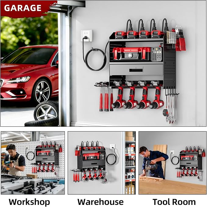 Power Tool Organizer Wall Mount Heavy Duty 130 lbs, 4 Layers Storage Rack with 6 Drill Holders & Battery Storage, Cordless Tool Organizer for Garage, Workshop & Tool Room - Image 8