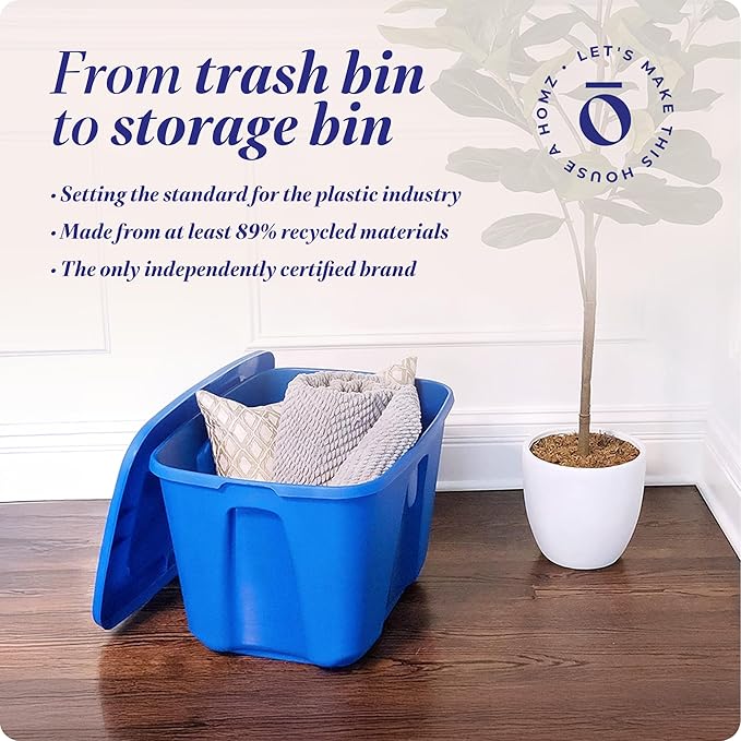 HOMZ 4-Pack Durable Molded Bin, Plastic Storage Containers w/Lids, 10 Gallon, Blue - Stackable Organizer Totes and Boxes for Bedroom, Kitchen, and Garage Organization