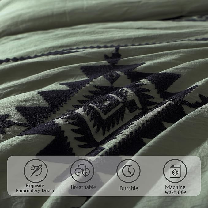 MaiRêve Embroidery Comforter Set, Boho Farmhouse Western Bedding Set, All Season Bed in A Bag Comforter Set with Sheets, Pillowcases & Shams, Olive Green Oversized Queen 7 Pieces