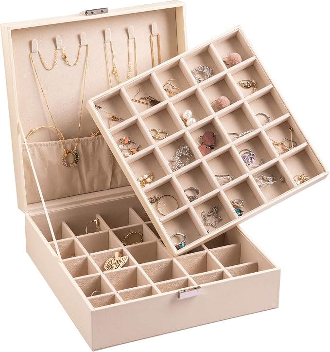 Frebeauty Earring Organizer Classic Jewelry Box 50 Slots Double Layer Jewelry Storage Case with 6 Necklace Hook and Bracelet Pocket(Beige) by Frebeauty