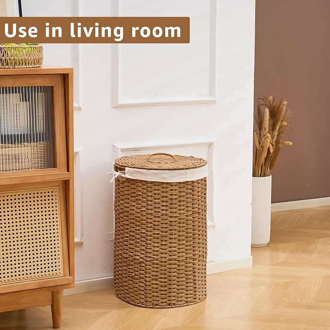 Round Wicker Laundry Hamper with Lid Handwoven Rattan Basket with Handles for Dirty Clothes, 2 Washable Liner Bags, No Assembly Required, Washable Basket, 60L - Image 3
