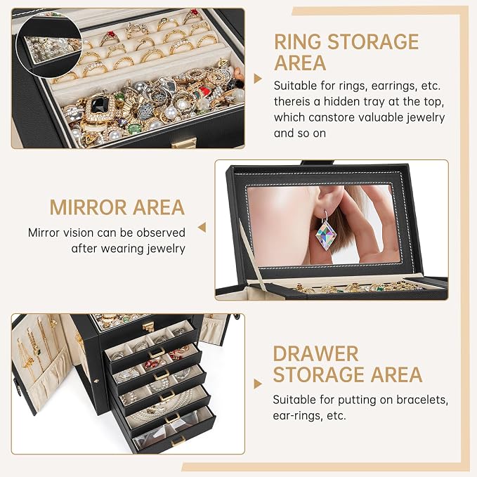 AKOZLIN 6-Tier Jewelry Box Organizer Functional 5 Drawers Leather Jewelry Storage Case for Women Girls Ring Necklace Earring Bracelet Holder Organizer with Mirror Black - Image 2