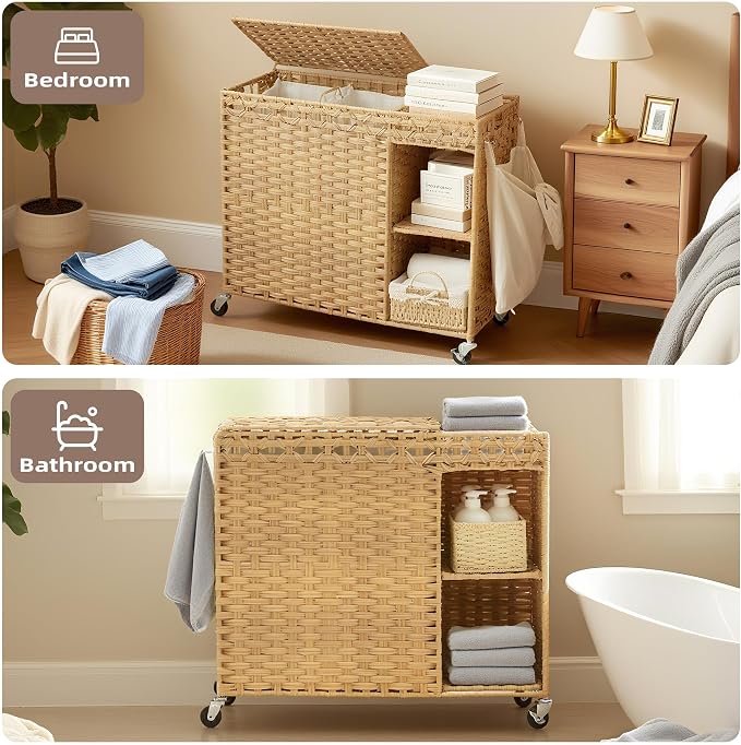 Laundry Hamper with Lid, 160L Rattan Wicker Laundry Basket with Wheels, Handwoven Laundry Hamper 2-Section with Storage shelf(42.3 Gal), Laundry Sorter Basket with Removable Liner, Natural HLH032N - Image 8
