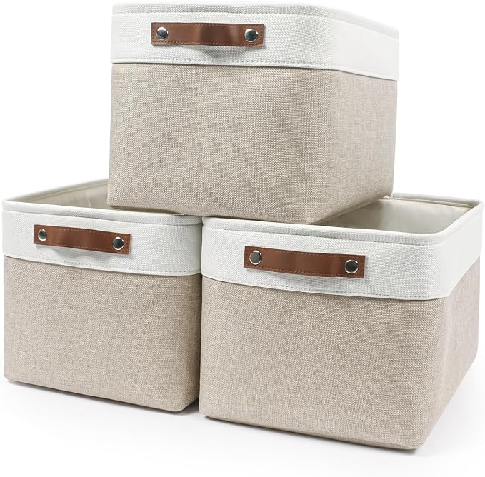 Bagnizer Storage Bins Large Fabric Storage Baskets for Shelves 3 Pack, Decorative Linen Closet Baskets with Handles for Organizing, Shelf, Clothes, Home, Office, 15x11x9.5Inches (Beige&White) by Bagnizer