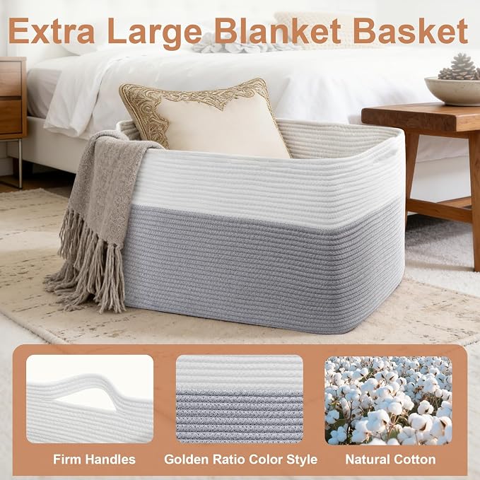 75L Large Blanket Basket, Rectangular Cotton Rope Basket, Laundry Hamper for Blankets, Pillows, Extra Large Toys Storage Bins for Kids, Dogs 22" x 17" x 12", White & Gray - Image 3