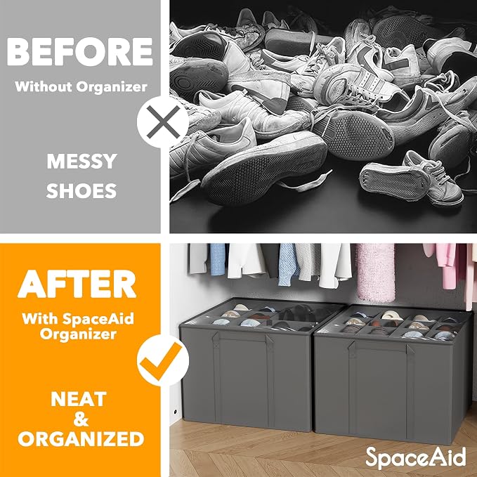 SpaceAid Shoe Organizer for Closet, 2 Pack Foldable Shoe Storage Containers Baskets Boxes Bins w/Adjustable Dividers, Fits 16-32 Pairs, Grey - Image 2