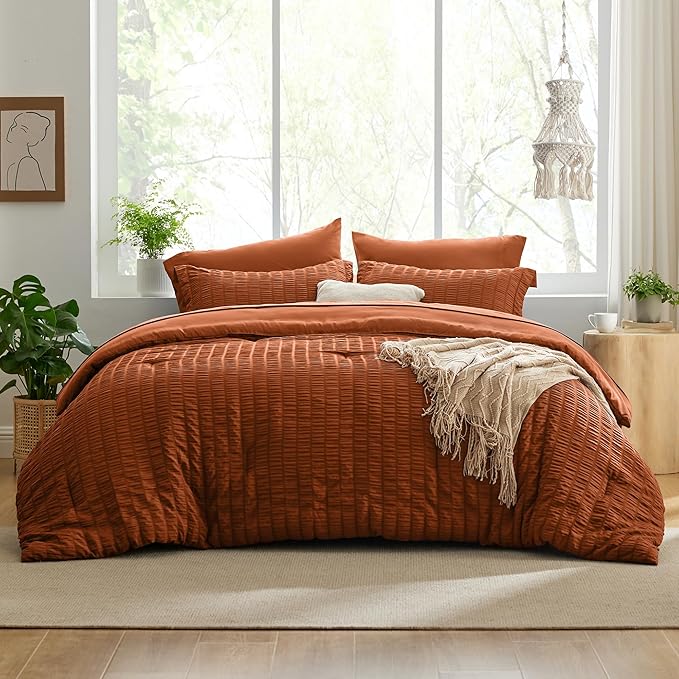 Love's cabin Seersucker Terracotta Queen Comforter Set, 7-Piece All Season Lightweight Bed in a Bag Bedding Set with Comforter, Flat Sheet, Fitted Sheet, Pillowcases and Shams | Soft, Breathable, Lightweight