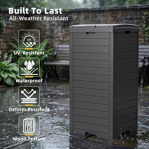 EFU 38 Gallon Outdoor Trash Can with Lid & Drip Tray, Waterproof Garbage Can for Patio Backyard Deck Porch, Heavy Duty Waste Container Bin，Black - Image 3