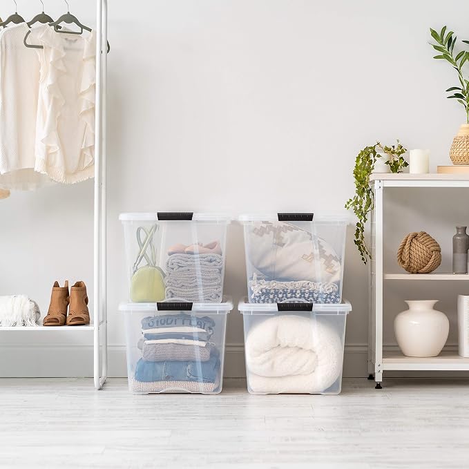 IRIS USA 72 Qt Stackable Plastic Storage Bins with Lids, 6 Pack - BPA-Free, Made in USA - See-Through Organizing Solution, Latches, Durable Nestable Containers, Secure Pull Handle - Clear - Image 7