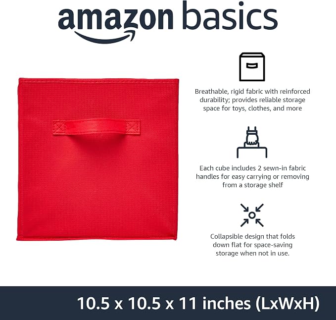 Amazon Basics Collapsible Fabric Storage Bins with Handles, Cube Organizer, Home Organization, 10.5"x10.5"x11", Red, 6-Pack - Image 2