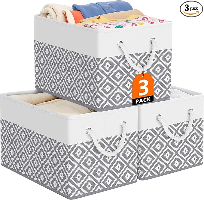 StorageTastic Storage Bins, 3-Pack Large Storage Box with Rope Handles, Collapsible Storage Basket for Organizing Books, Clothes, Rhombic Grey by StorageTastic