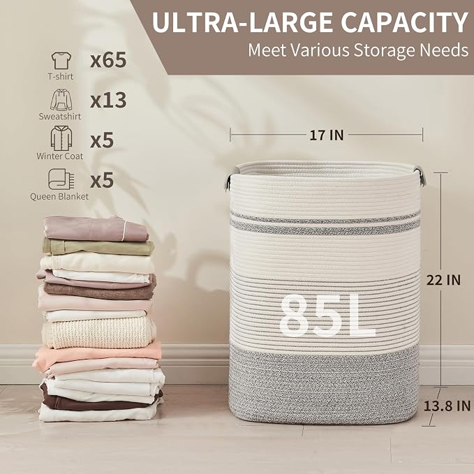 AINUOQI Laundry Basket with Handles - Blanket Basket & Hampers for Bedroom Aesthetic, Laundry Hamper & Blanket Storage for Living Room, Clothes Hamper, Tall, Large 17" x 14" x 22”, Grey & White - Image 2