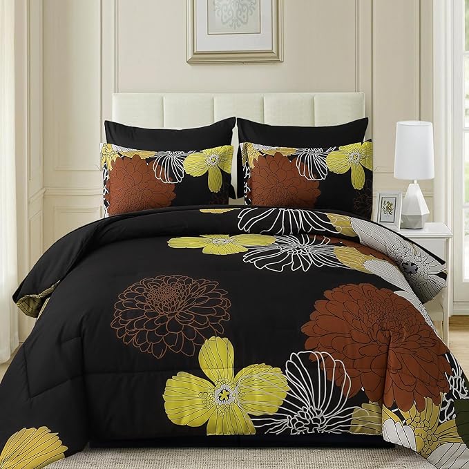 Yiran 7 Pieces Boho Floral Comforter Sets Black Brown Yellow Lightweight Comforter Bed in a Bag Flowers Microfiber Bedding Set for All Season,King Size 104''x90''