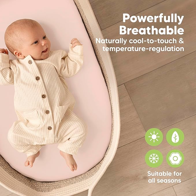 2-Pack Baby Bassinet Sheets Girl, Boy - 33x17 Viscose Derived from Bamboo Bedside Mattress Fitted Bassinet Sheets, Compatible with Halo Bassinest Swivel Sleeper, Baby Delight, Graco (Cameo)
