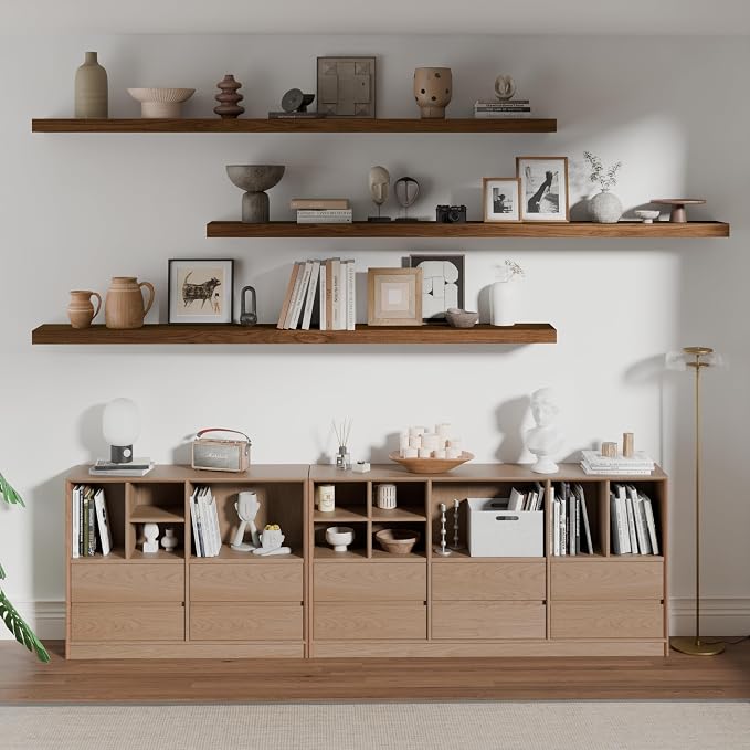 ROGMARS 72 Inches Long Walnut Floating Shelves,Rustic Solid Wood Farmhouse Wall Shelves with Invisible Brackets for Bathroom, Living Room, Bedroom, Kitchen Set of 3 - Image 2