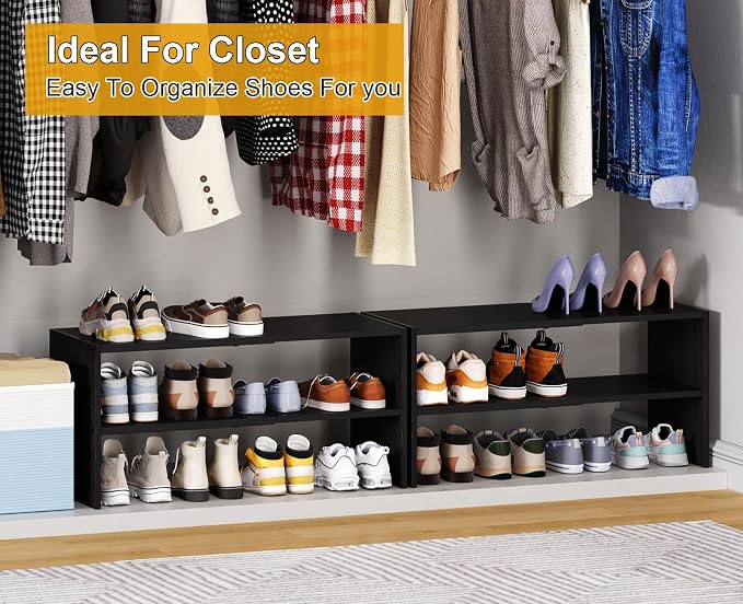 Black Shoe Rack Organizer for Closet, 2-Tier Expandable Shoe Shelf, Stackable Iron Wood Combination Small Shoe Racks Shelves for Closets, Entryway,Small Space,Hallway,Garage,6-12 Pairs - Image 7