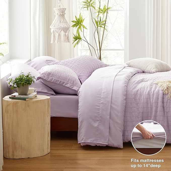 Love's cabin Seersucker Lavender California King Comforter Set, 7-Piece All Season Lightweight Bed in a Bag Bedding Set with Comforter, Flat Sheet, Fitted Sheet, Pillowcases and Shams | Soft, Breathable, Lightweight