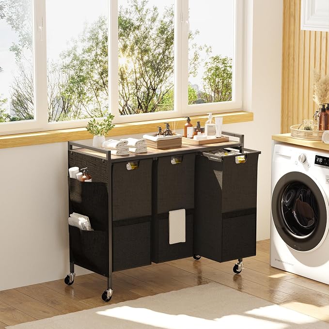 Huhote Laundry Hamper, Laundry Basket, Laundry Sorter with Top Shelf & 3 Removable Washable Bags & Side Pockets for Laundry Room organization, Bathroom and Dorm, Rustic Brown and Black - Image 7