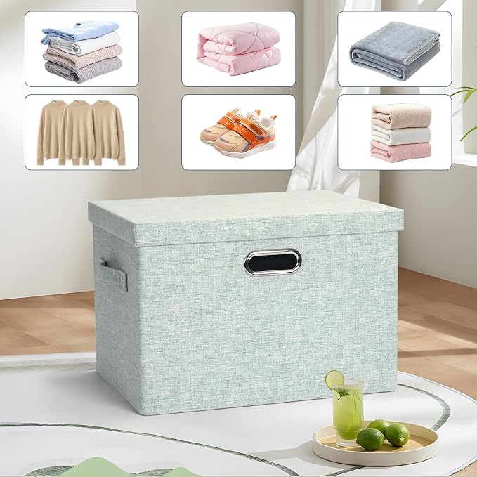 Graciadeco Large 17" 36 Quart Collapsible Stackable Storage Bins with Lids, 3 Packs Light Green Linen Fabric Closet Boxes with Lids, Storage Cube Baskets Container Organizers for Office (17x12x11) - Image 6