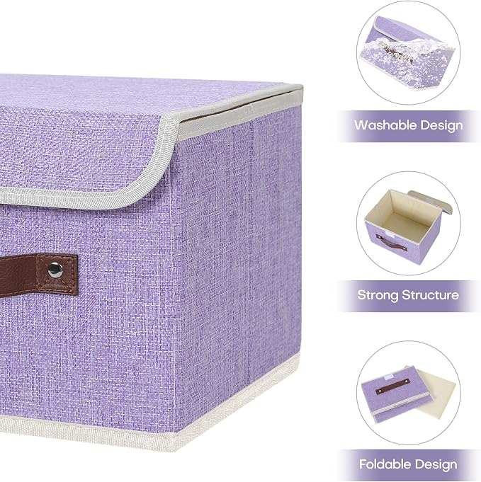 ANMINY 2PCS Storage Bins with Lid PU Leather Handles Storage Boxes PP Plastic Board Decorative Foldable Lidded Cotton Linen Fabric Home Cubes Baskets Closet Organizer Containers - Purple, Small Size - Image 4