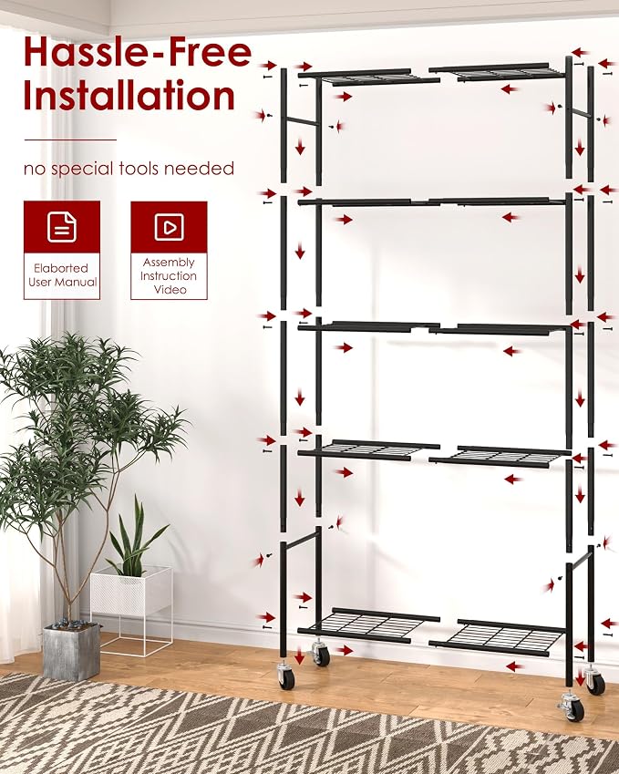 Sakugi Storage Shelves Organizer - 5 Tier Metal Shelf Organizer with Metal Wheels and Adjustable Leveling Feet, Heavy Duty Garage Shelving for Kitchen, Pantry and Closet, 33.1"x12.6"x73.5", Black - Image 8