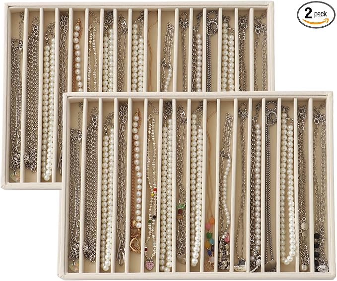 Large Velvet Jewelry Tray 2 Pack Stackable Jewelry Display Drawer Inserts Trays Organizer for Earring Bracelet Necklace Ring (Beige, 16 Grids) by Unknown