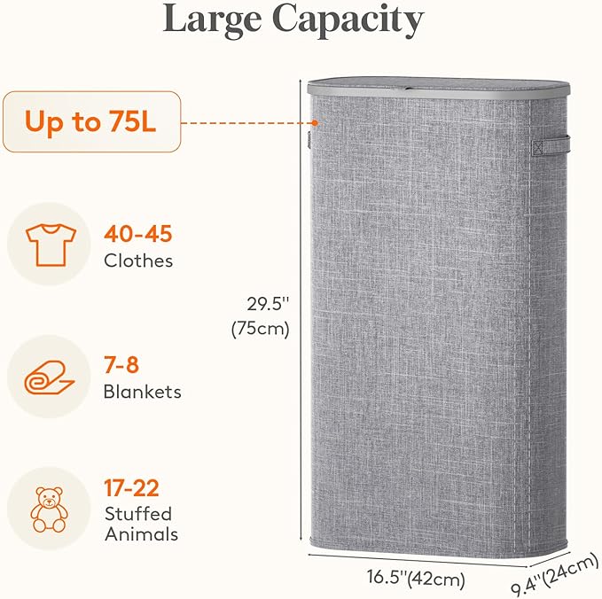 Lifewit Slim Laundry Basket with Lid, Narrow Large Laundry Hamper with Plastic Handles and Removable Bag, Tall Foldable Dirty Clothes Hampers for Laundry Room, Bedroom, Bathroom, Dorm, 75L Gray - Image 3
